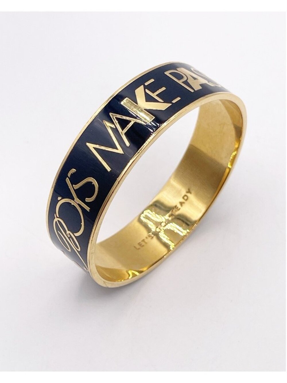 Kate Spade “Boys Make Passes” Gold Tone Black Enamel Wide Idiom Bangle Bracelet